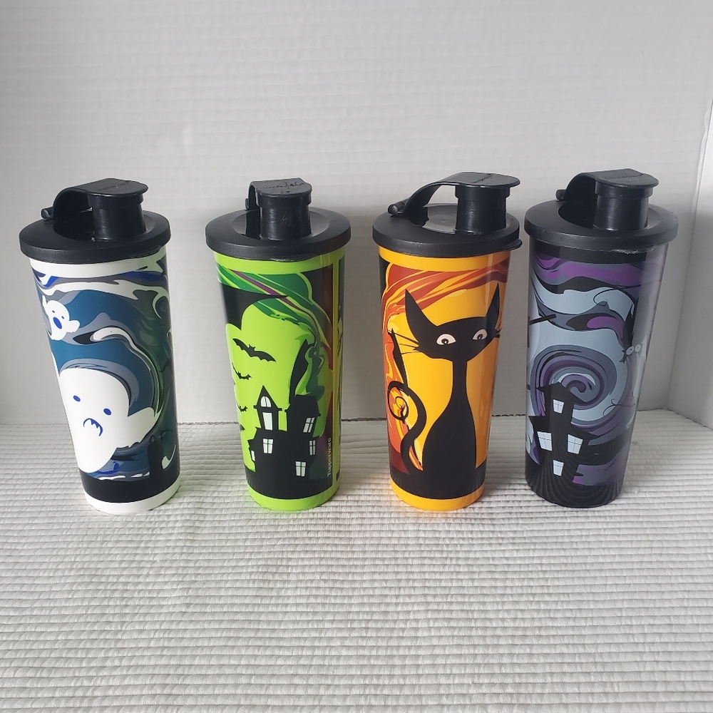 4 Tupperware Halloween Spooktacular Tumblers Bottles 470ml 16oz With Flip Lids